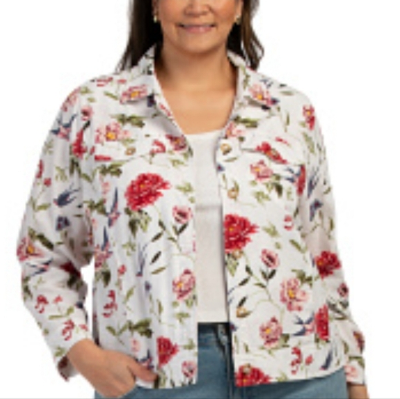 Tahari Jackets & Blazers - Tahari Plus Size White Floral Print Linen Blend Women's Jacket. Size 1X
